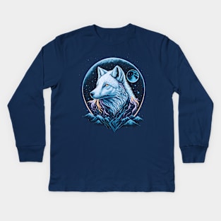 White Arctic Fox at Night Time Kids Long Sleeve T-Shirt